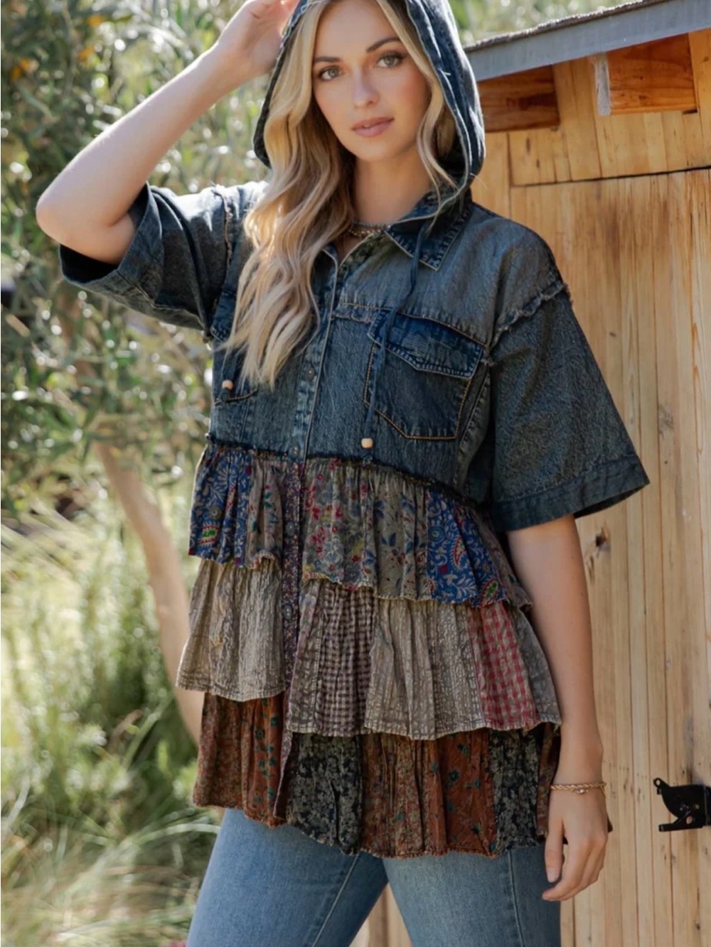 Young Threads NWT Denim Hooded Boho Shirt with Mixed Patchwork Ruffles Size L